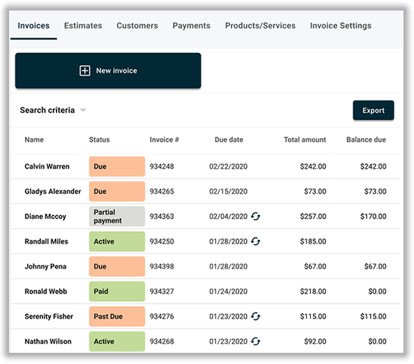 Screenshot of invoices in Autobooks.